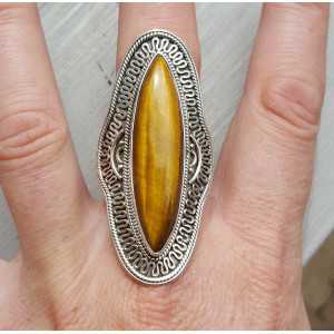 Silver ring set with marquise tiger's eye and carved head 18.5