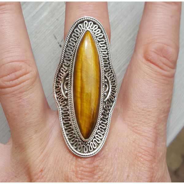 Silver ring set with marquise tiger's eye and carved head 18.5