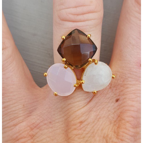 Goud vergulde ring met Maansteen, Chalcedoon en Smokey Topaas verstelbaar