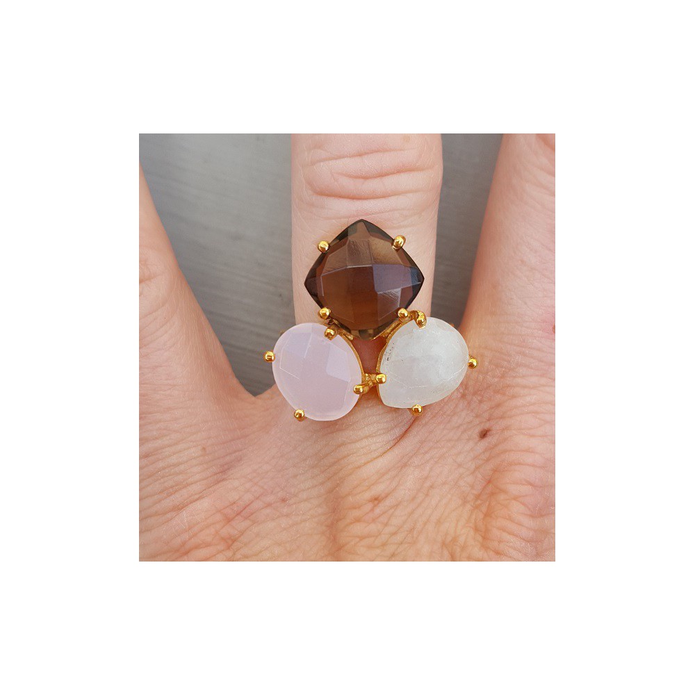 Gold plated ring with Moonstone, Chalcedony and Smokey Topaz adjustable