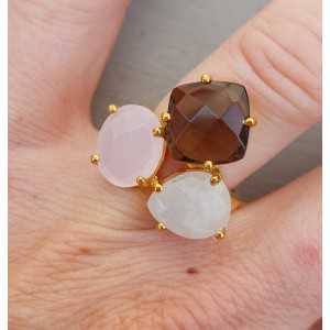 Gold plated ring with Moonstone, Chalcedony and Smokey Topaz adjustable