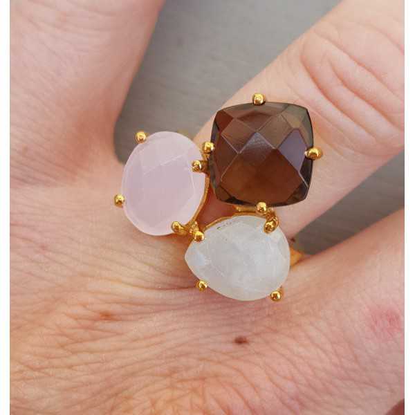 Gold plated ring with Moonstone, Chalcedony and Smokey Topaz adjustable