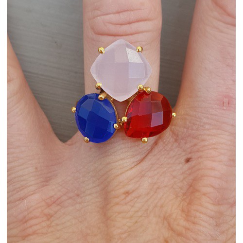 Goud vergulde ring met rode quartz en Chalcedoon verstelbaar