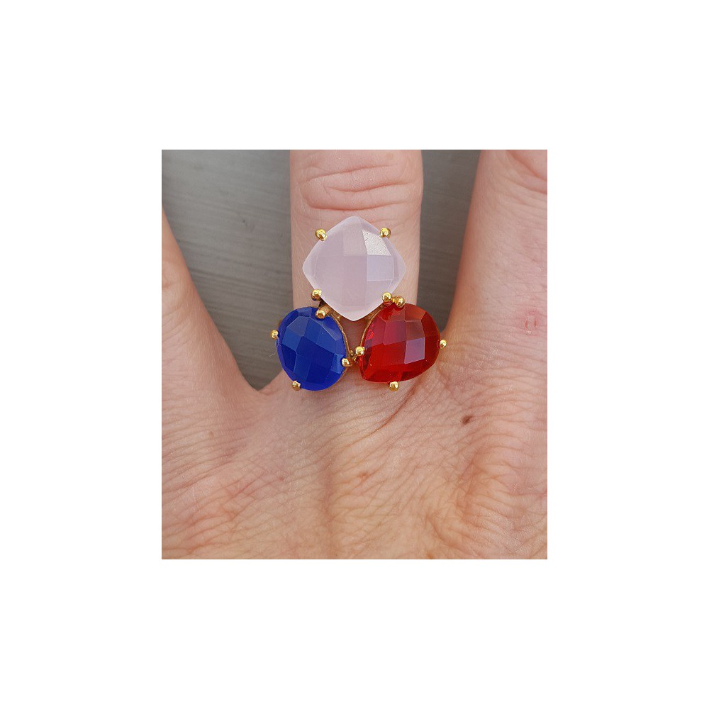 Gold plated ring with red quartz and Chalcedony adjustable