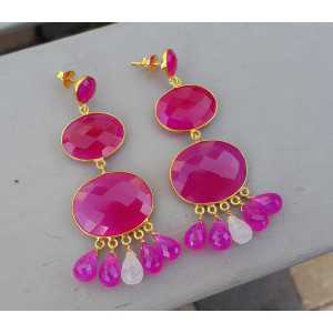 Gold plated long earrings set fuchsia pink Chalcedony