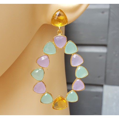 Goud vergulde oorbellen Citrien quartz en Chalcedoon