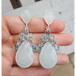 Silver earrings set with white Chalcedony and blue Topaz quartz