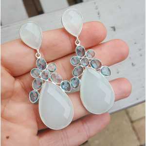 Silver earrings set with white Chalcedony and blue Topaz quartz