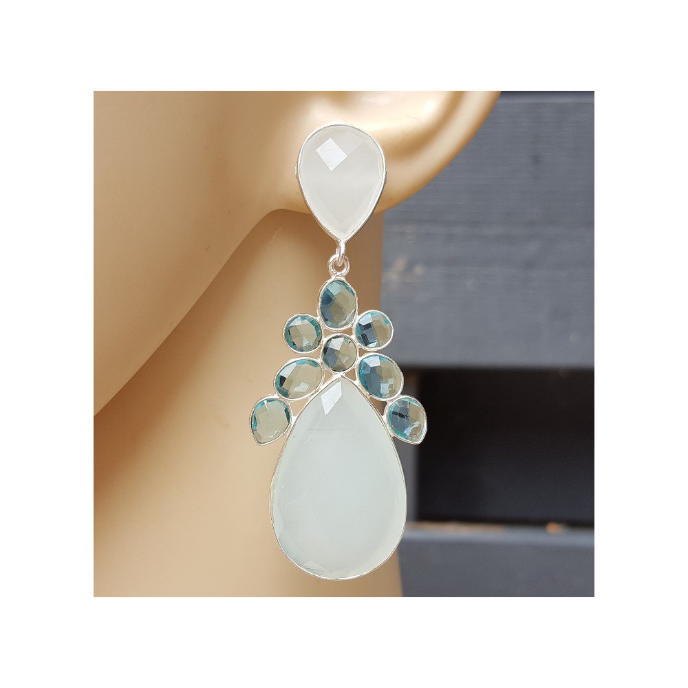 Silver earrings set with white Chalcedony and blue Topaz quartz