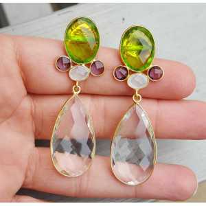 Gold-plated earrings with Carnelian and Peridot quartz
