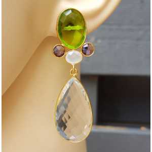 Gold-plated earrings with Carnelian and Peridot quartz