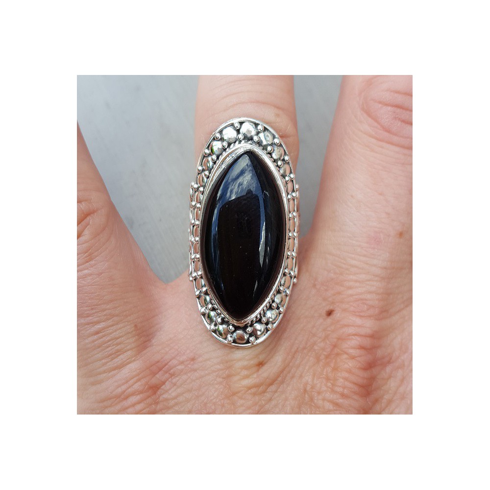 Silver ring with marquise black Onyx 16.5 mm