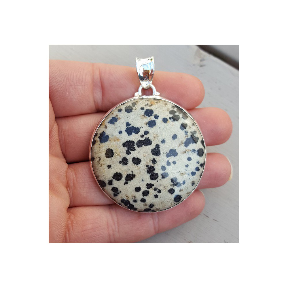 Silver pendant set with large round Dalmatier Jasper