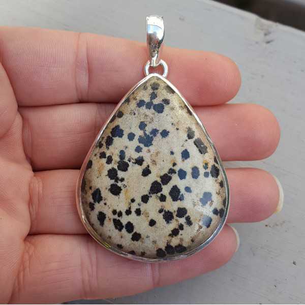 Silver pendant set with large teardrop shaped Dalmatier Jasper