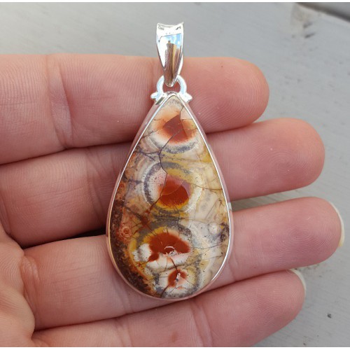 Zilveren hanger druppelvormige cabochon Birds Eye Jaspis