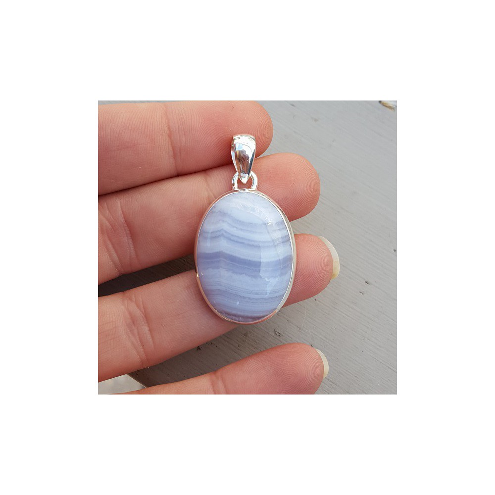 Silver pendant with oval cabochon blue Lace Agate