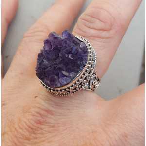 Silver ring with raw Amethyst in carved setting 18 mm