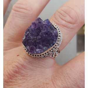 Silver ring with raw Amethyst in carved setting 18 mm