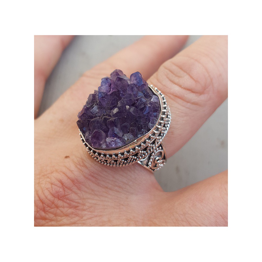 Silver ring with raw Amethyst in carved setting 18 mm