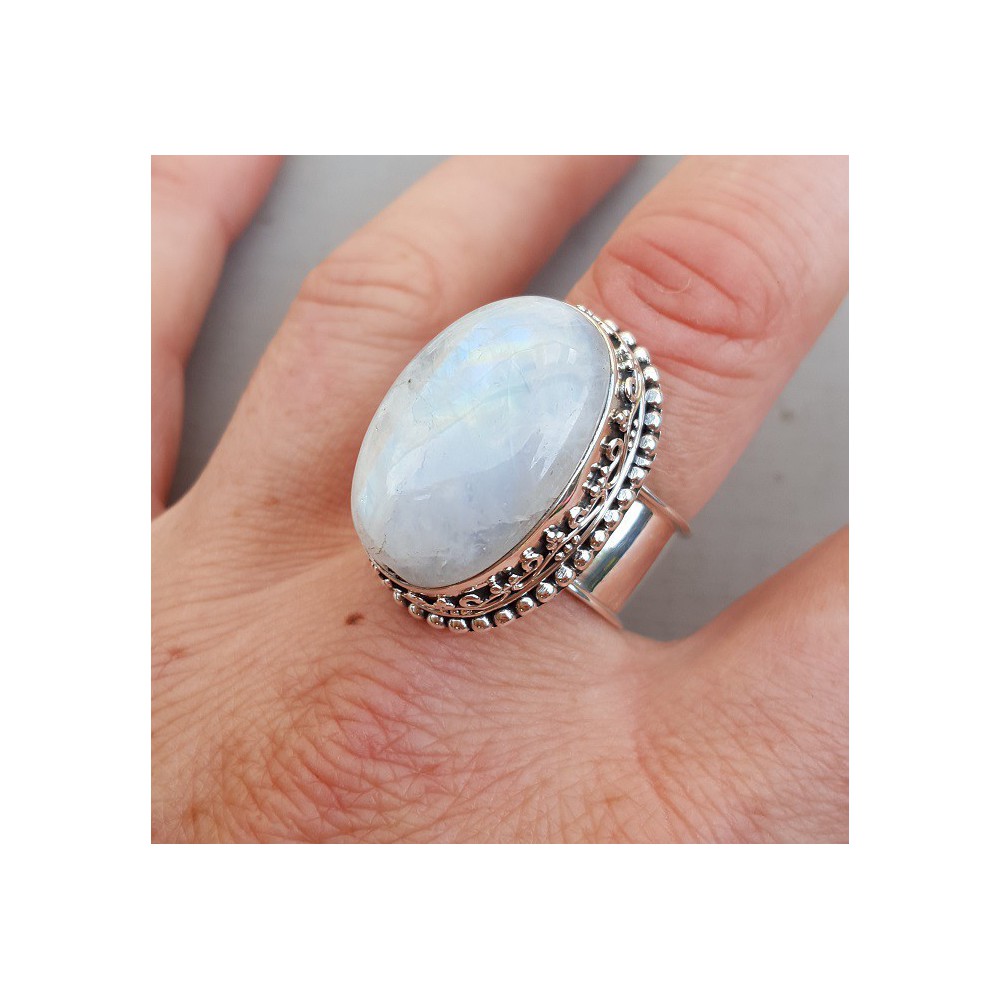 Silver ring set with rainbow Moonstone and machined head 19