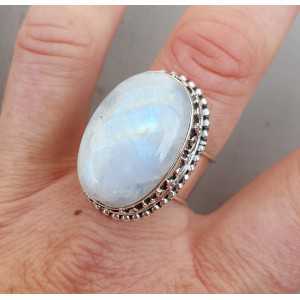 Silver ring set with rainbow Moonstone and machined head 19