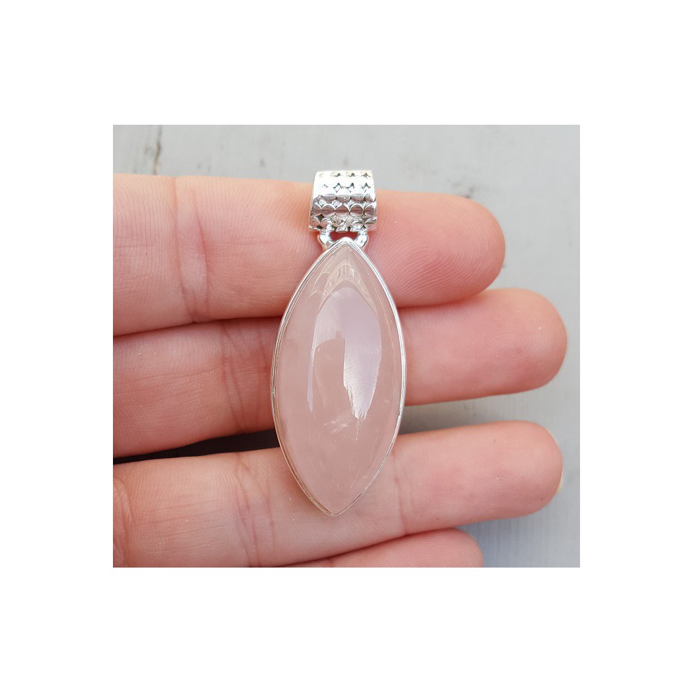 Silver pendant with marquise cabochon rose quartz