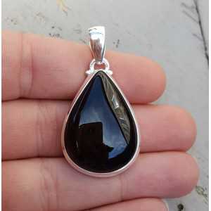 Silver pendant with oval shape cabochon black Onyx
