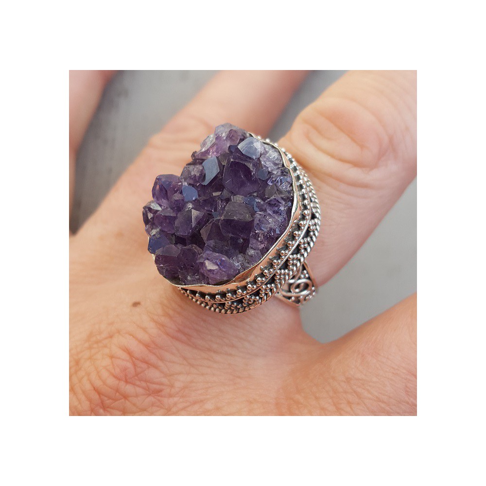 Silver ring set with rough Amethyst in carved setting 18 mm