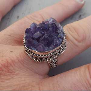 Silver ring set with rough Amethyst in carved setting 18 mm