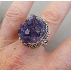 Silver ring set with rough Amethyst in carved setting 18 mm