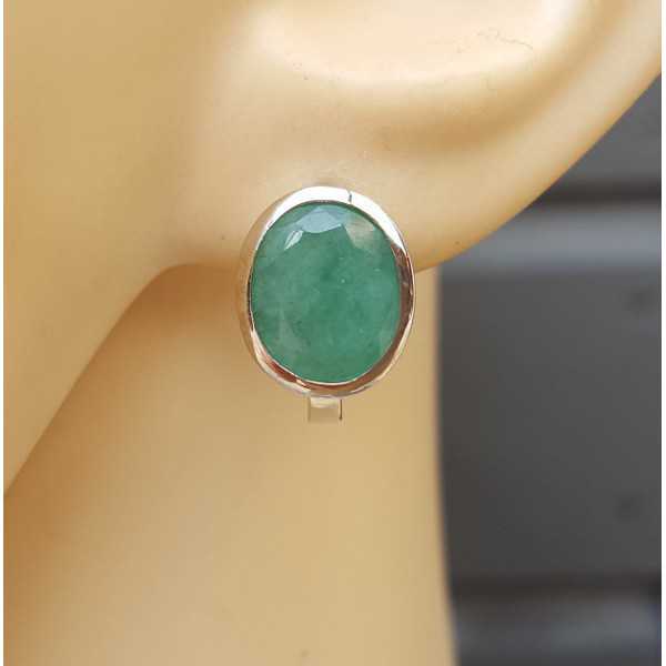 Silver earrings set with oval Emerald and hasp