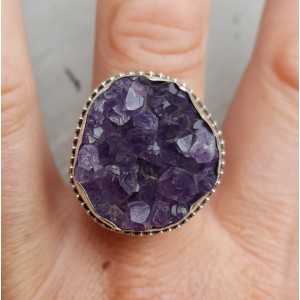 Silver ring with raw Amethyst in carved setting 19 mm