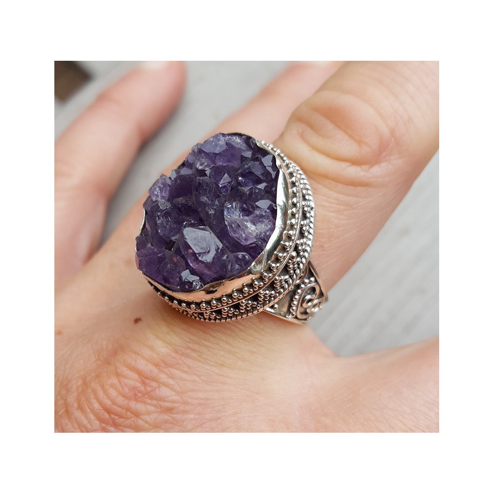 Silver ring with raw Amethyst in carved setting 19 mm