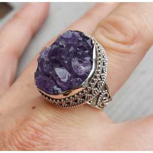 Silver ring with raw Amethyst in carved setting 19 mm