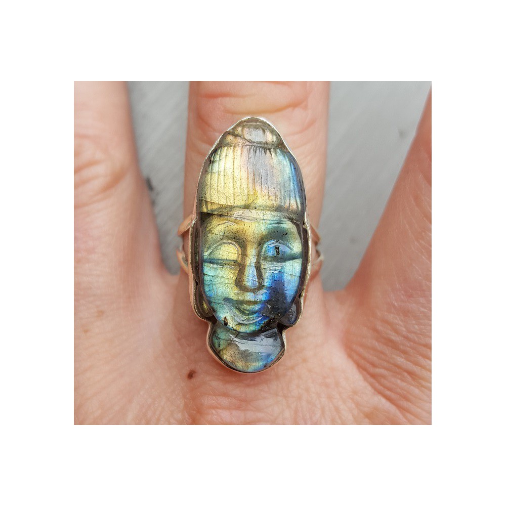 Silver ring with Buddha of Labradorite 18 mm