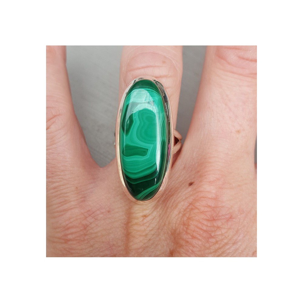 Silver ring set with small oval Malachite 17 mm