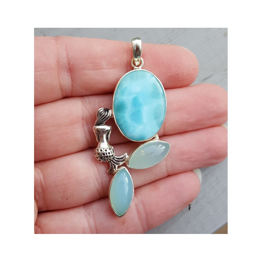 Silver pendant set with Larimar and aqua Chalcedony