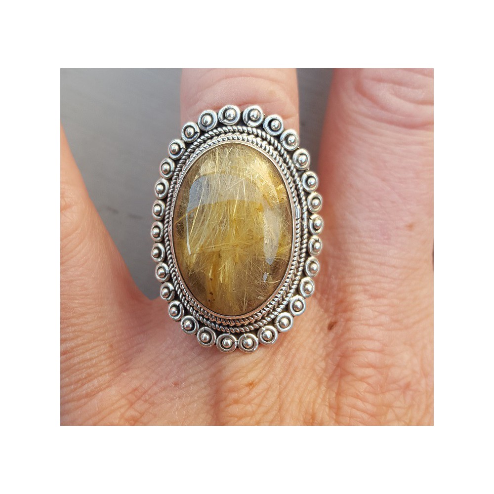 Silber ring mit gold Rutielkwarts und bearbeiteten Kopf 17 mm