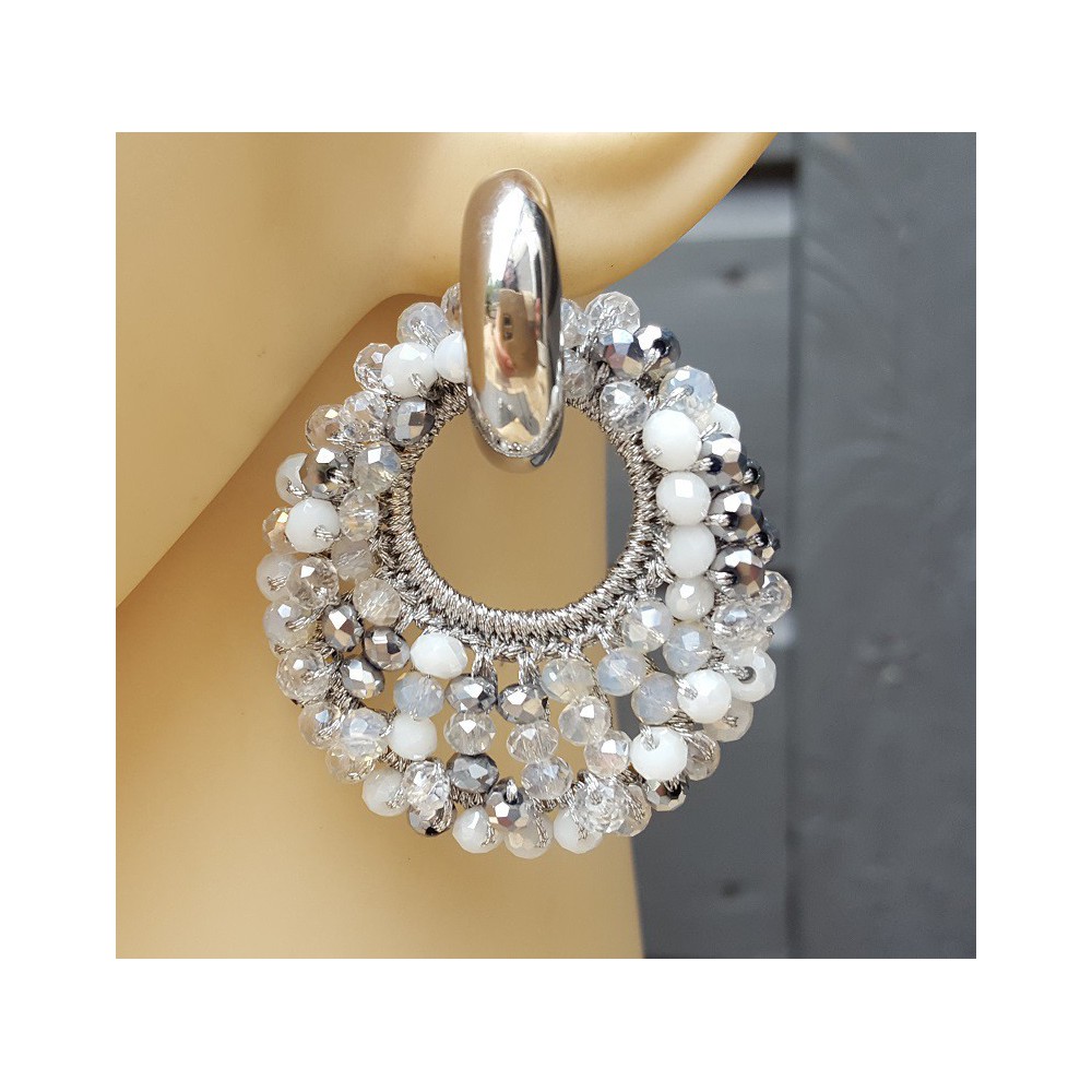 Creoles oval pendant gray white crystals 