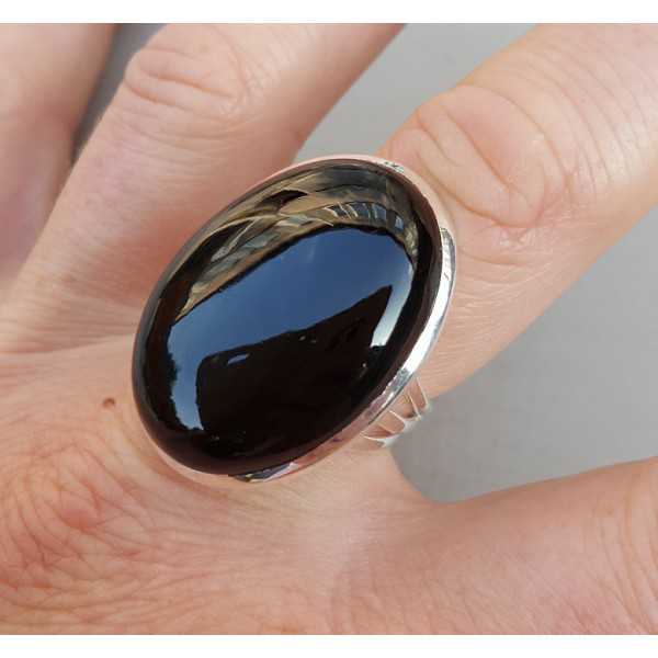Silver ring set with large oval black Onyx 18 mm