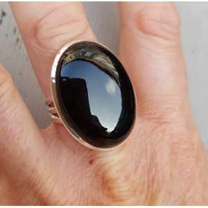 Silver ring set with large oval black Onyx 18 mm