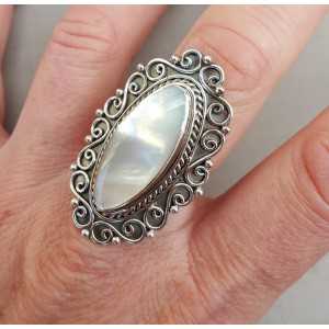 Silver ring with marquise mother-of-Pearl and carved head adjustable
