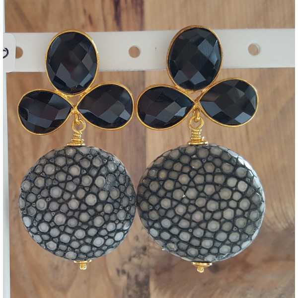 Gold plated earrings with grey Roggenleer and black Onyx