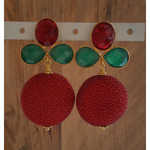 Goud vergulde oorbellen met rood Roggenleer groene Onyx en rode quartz