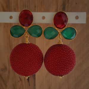 Vergoldete Ohrringe mit roten Roggenleer grün Onyx und roten Quarz