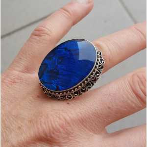 Zilveren ring blauw Abalone schelp in bewerkte setting