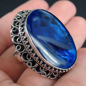 Silver ring blue Abalone shell in carved setting
