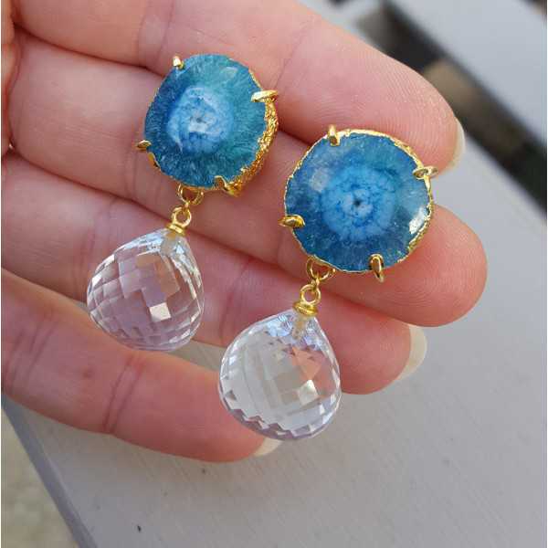 Gold plated earrings with white Topaz and solar quartz