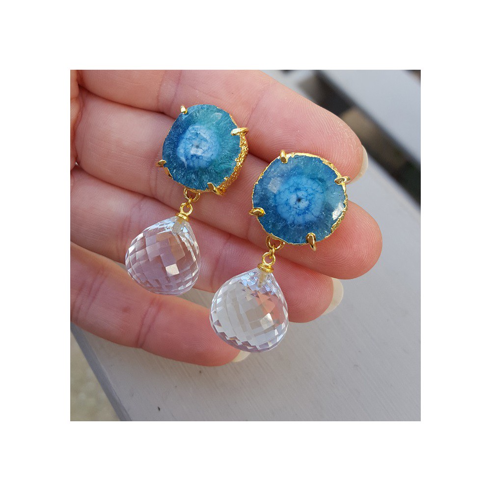 Gold plated earrings with white Topaz and solar quartz