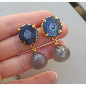 Gold plated earrings with grey Chalcedony and Solar quartz